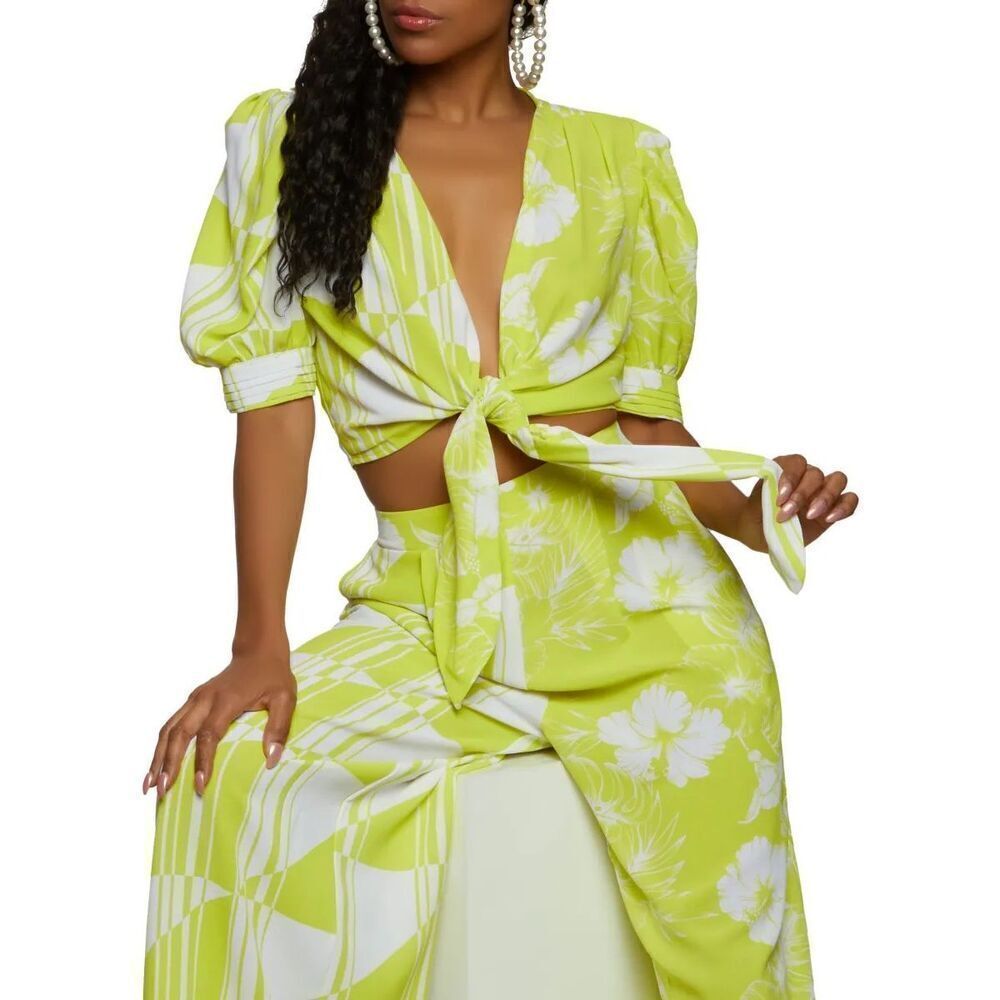 Tropical Mixed print puff sleeve tie front crop top neon green size medium